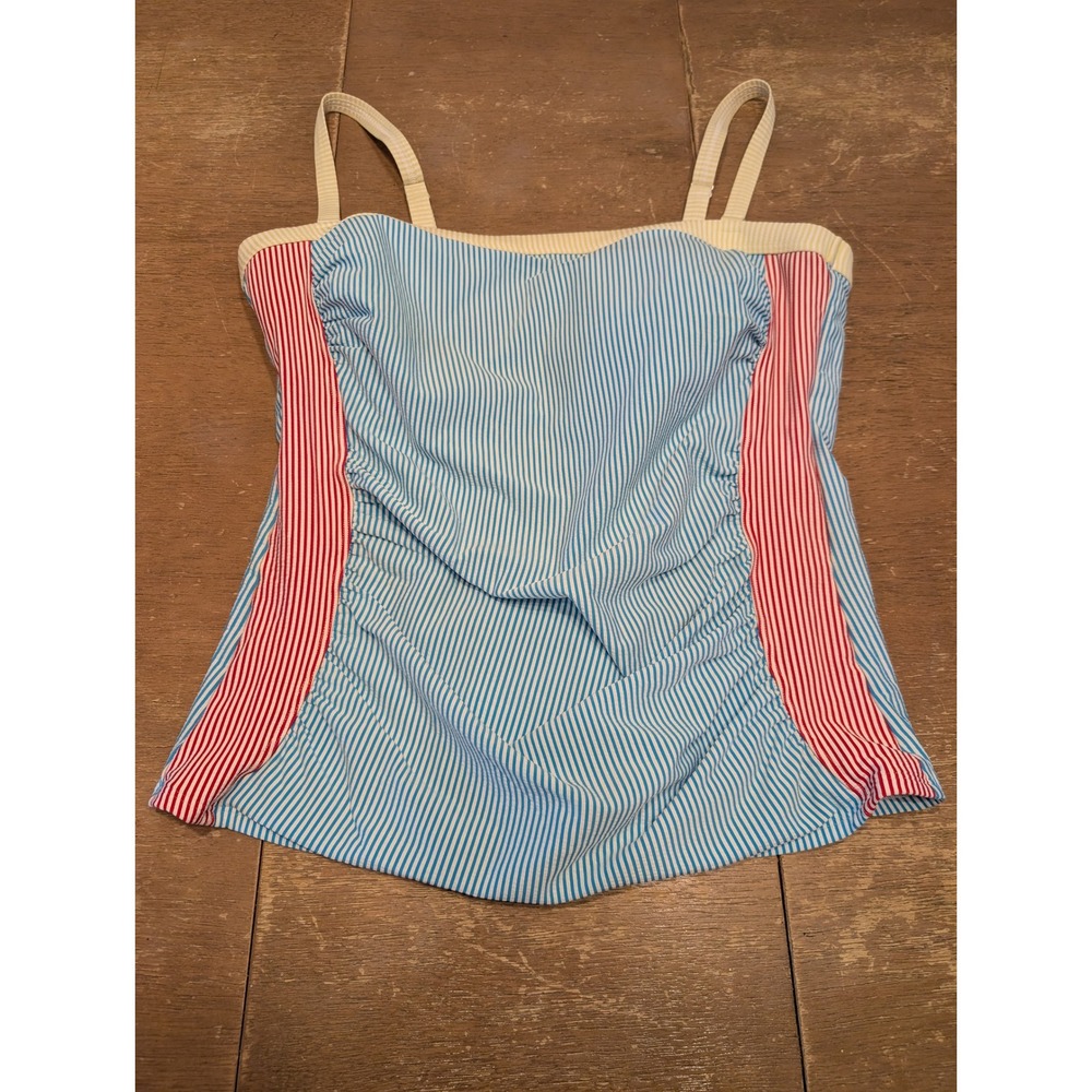 Lands End Womens Striped Ruched Tankini Top Yellow Size 16 seersucker beachy